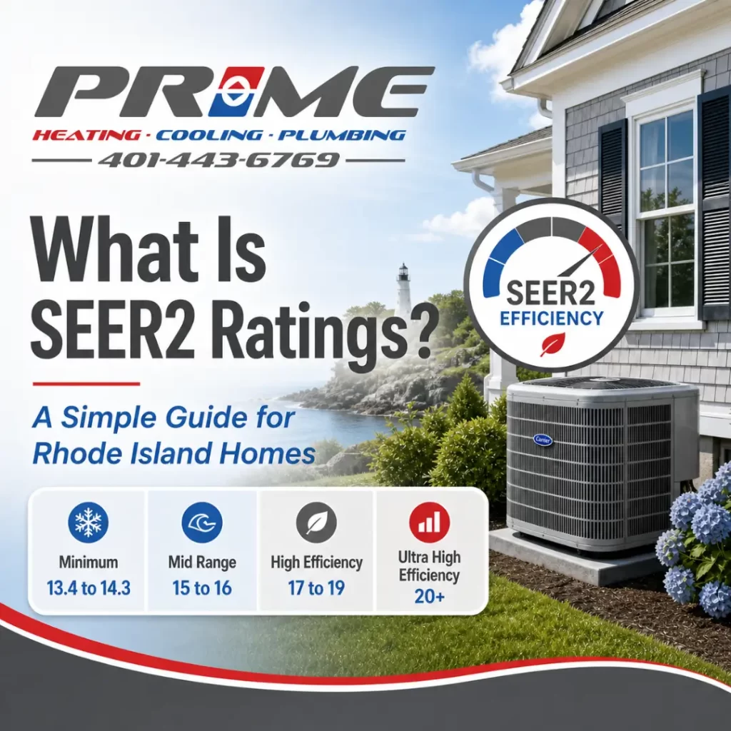 Prime Heating Cooling Plumbing graphic explaining SEER2 ratings for Rhode Island homes, with an outdoor AC unit, efficiency gauge, and SEER2 rating ranges.