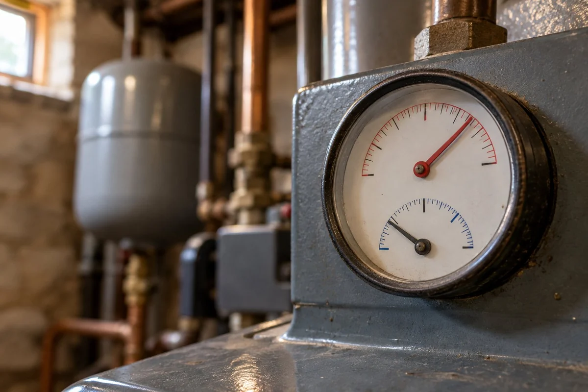 Temperature and pressure gauge on a hot water boiler