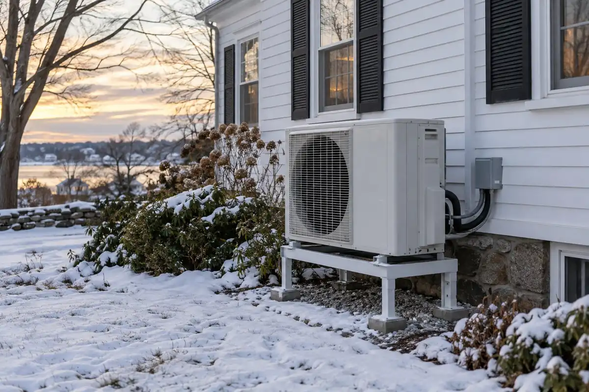 Converting From Oil Heat in Rhode Island: Gas vs. Heat Pump Costs 2 Cold-climate heat pump outside a Rhode Island home in winter