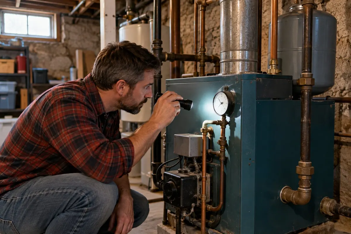 How to Read Your Boiler's Pressure Gauge: What's Normal, Too Low or Too High 1 Homeowner using a flashlight to read the boiler pressure gauge