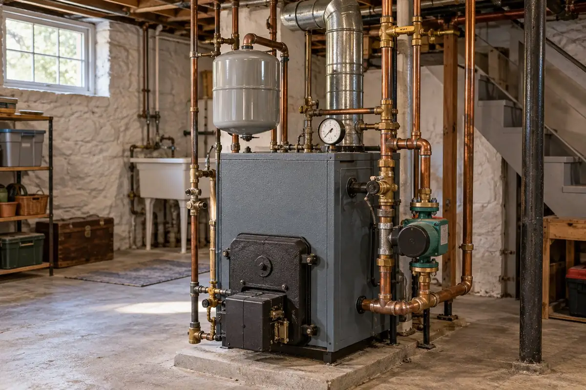 How to Read Your Boiler's Pressure Gauge: What's Normal, Too Low or Too High 2 Hot water boiler with an expansion tank and circulator pump