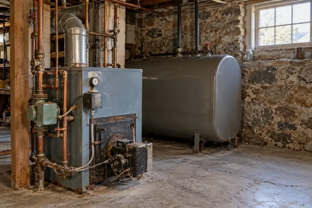 Old oil boiler and heating oil tank in a New England basement