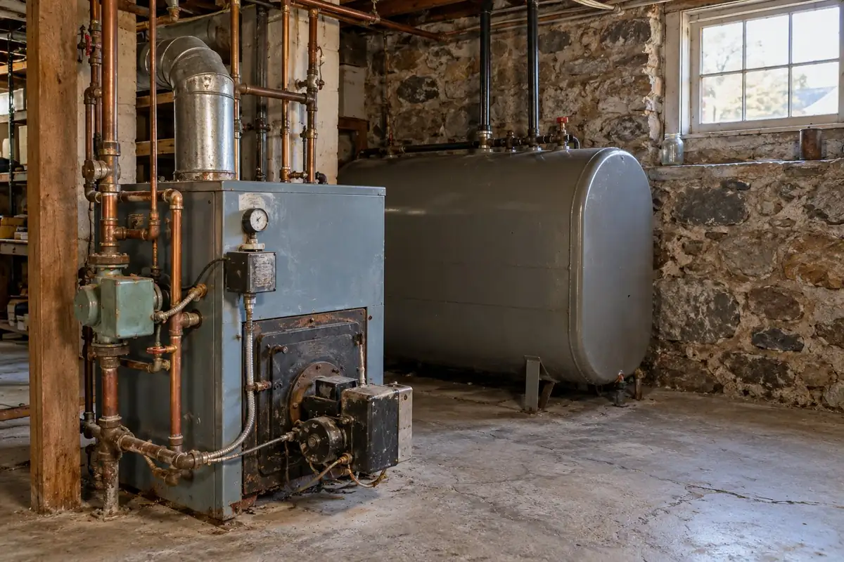 Old oil boiler and heating oil tank in a New England basement