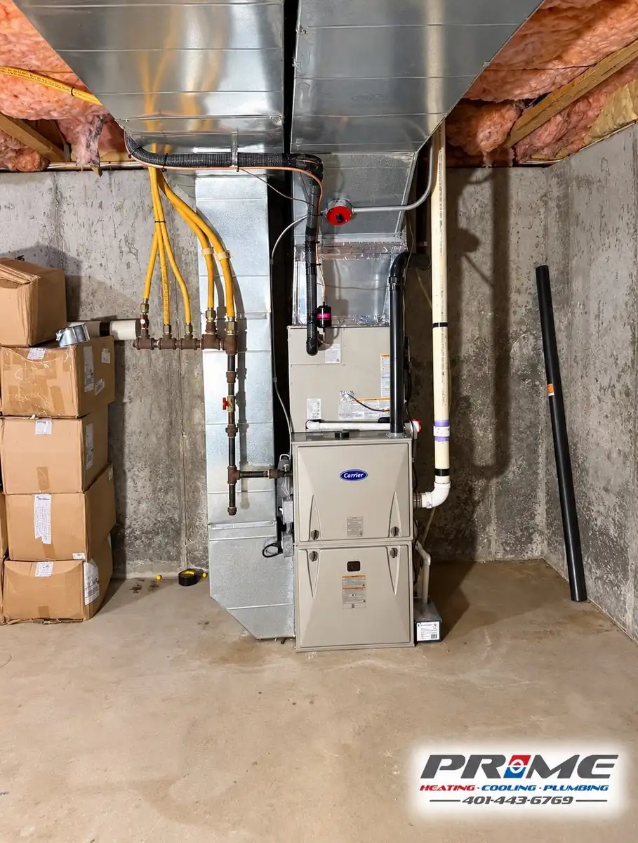 Converting From Oil Heat in Rhode Island: Gas vs. Heat Pump Costs 3 High-efficiency gas furnace with PVC venting installed by Prime Heating & Cooling